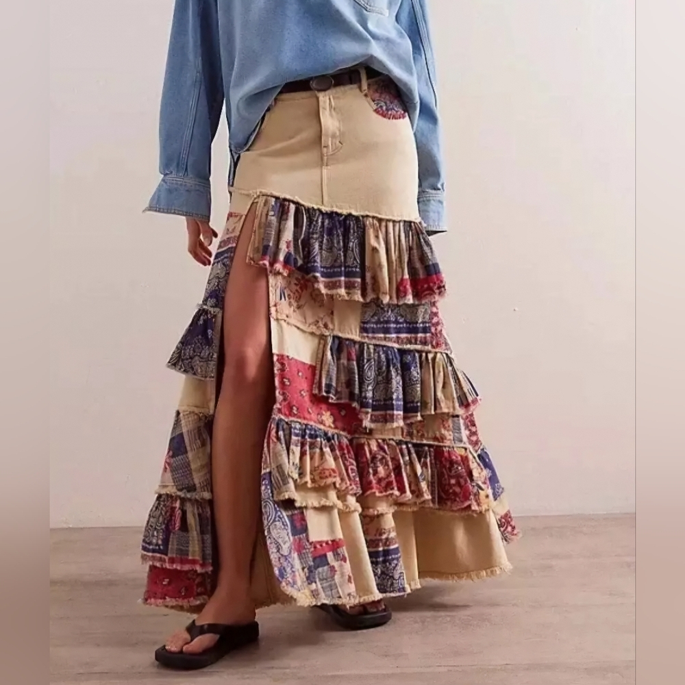 FREE PEOPLE HARVEST MOON MAXI SKIRT -WESTERN PATCHWORK SIZE 30